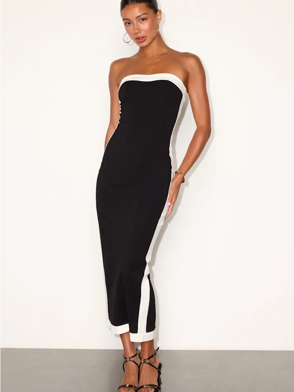 Lulu's Black Strapless Midi Dress with White Side Trim